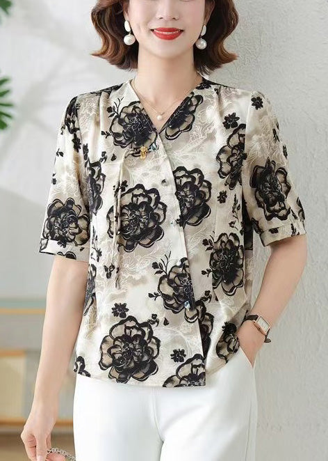 Tasseled Print Black Silk Summer Elegant Shirts