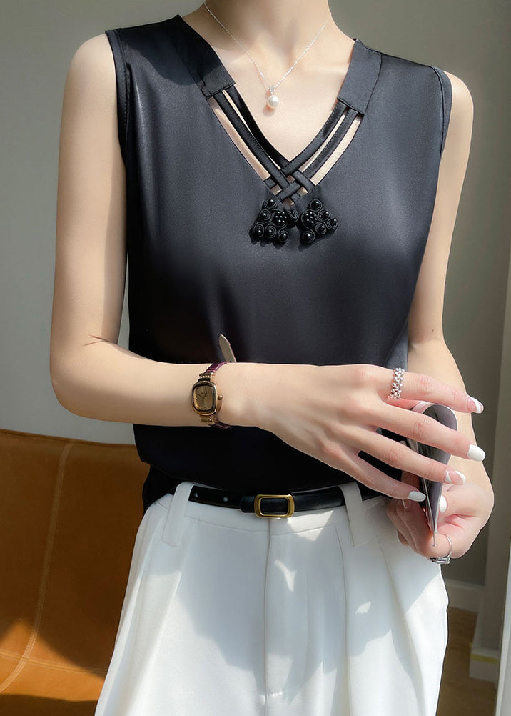 Black Silk Hollow Out Sleeveless Elegant V Neck Tank