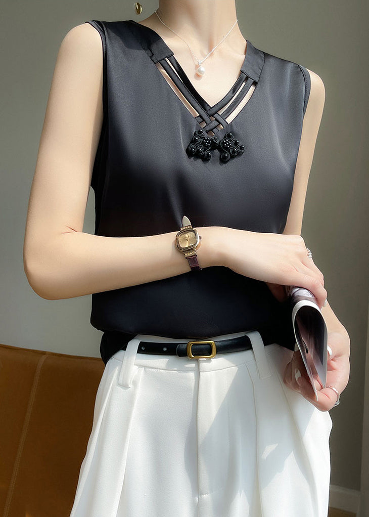 Black Silk Hollow Out Sleeveless Elegant V Neck Tank
