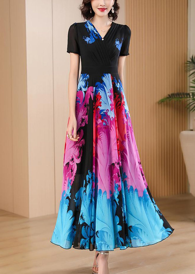 Elegant Black V Neck Print High Waist Chiffon Maxi Dresses Summer Ada Fashion