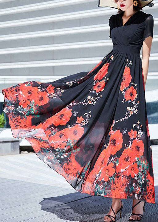 Elegant Black V Neck Print Wrinkled Chiffon Long Dresses Summer AS1002 Ada Fashion