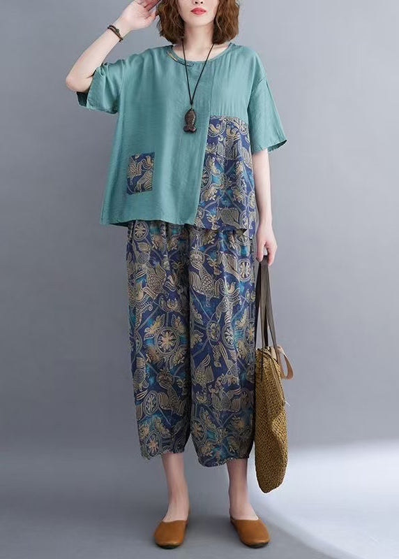 Set Summer Elegant Patchwork Two Blue Asymmetrical Pieces Cotton