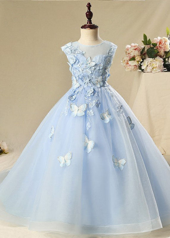 Elegant Blue Butterfly Floral Tulle Kids Long Dress Sleeveless YS008