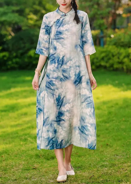 Elegant Blue Button Print Lace Up Linen Long Dresses Summer Ada Fashion