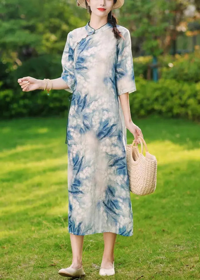 Elegant Blue Button Print Lace Up Linen Long Dresses Summer Ada Fashion