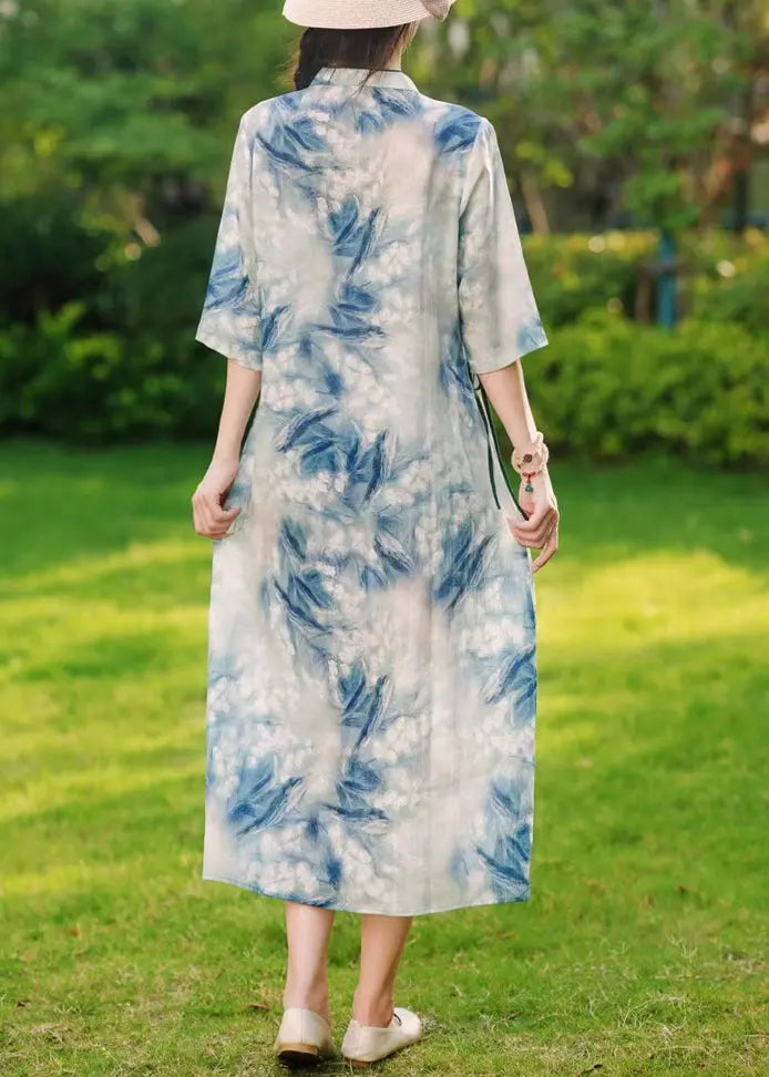 Elegant Blue Button Print Lace Up Linen Long Dresses Summer Ada Fashion