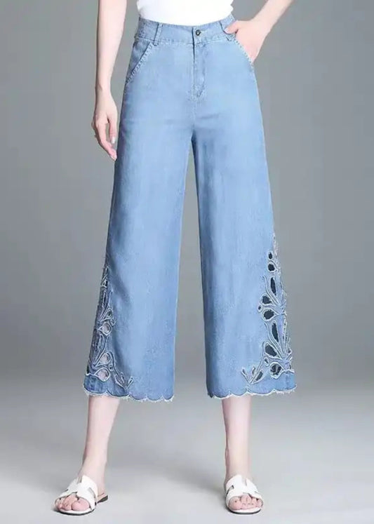 Hollow Blue Summer High Elegant Out Crop Waist Jeans
