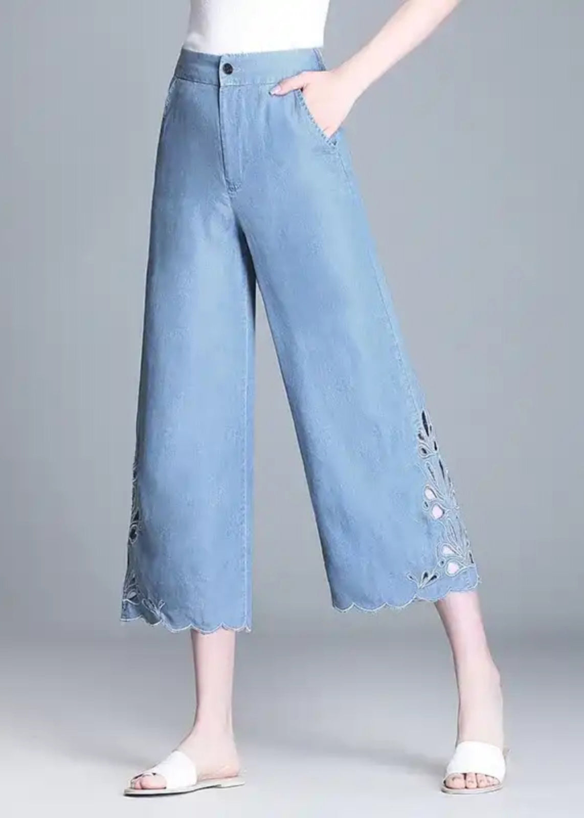 Hollow Blue Summer High Elegant Out Crop Waist Jeans