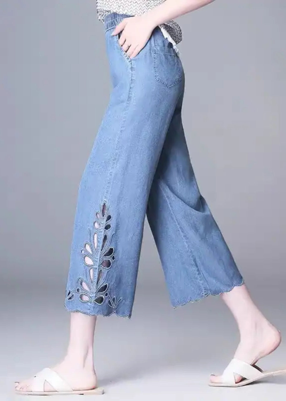 Hollow Blue Summer High Elegant Out Crop Waist Jeans