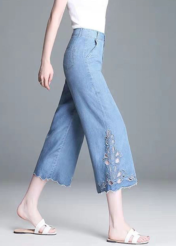 Hollow Blue Summer High Elegant Out Crop Waist Jeans