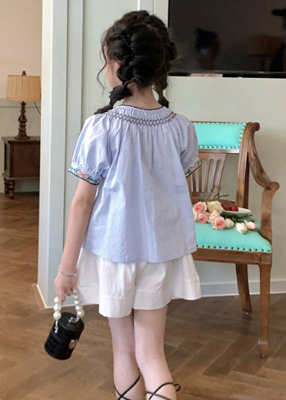 Elegant Blue O-Neck Cinched Girls Top And Shorts Two Pieces Set Short Sleeve SS1032