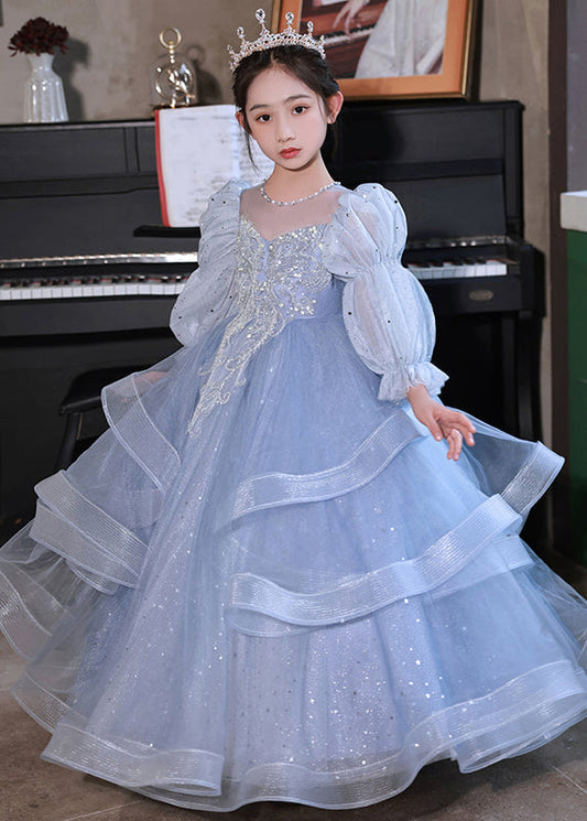 Elegant Blue O-Neck Embroideried Patchwork Tulle Kids Long Dress Fall RP045