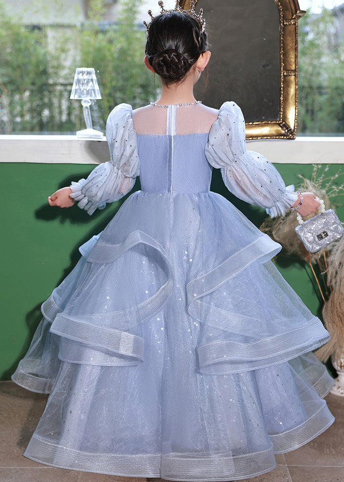 Elegant Blue O-Neck Embroideried Patchwork Tulle Kids Long Dress Fall RP045