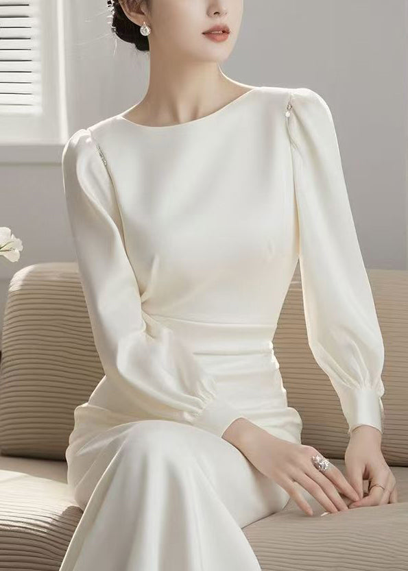 Blue Elegant O Spring Long Cotton Neck Waist High Dress