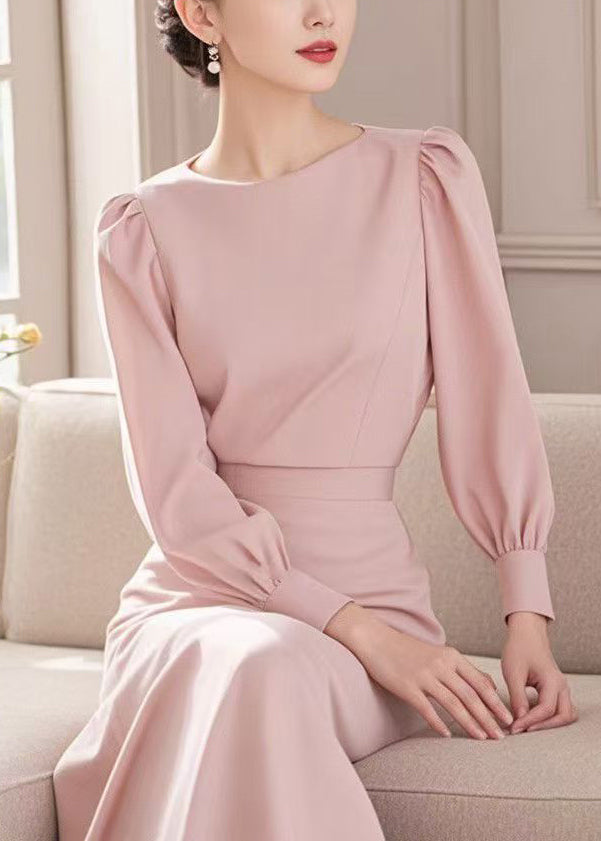 Blue Elegant O Spring Long Cotton Neck Waist High Dress