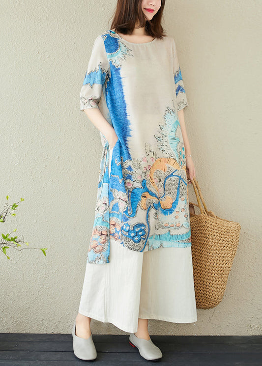 Elegant Blue Print Summer Oversized Dresses Linen