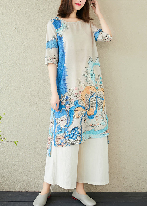 Elegant Blue Print Summer Oversized Dresses Linen