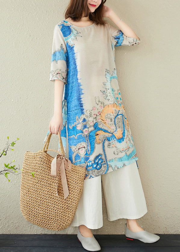 Dresses Blue Linen Summer Elegant Oversized Print