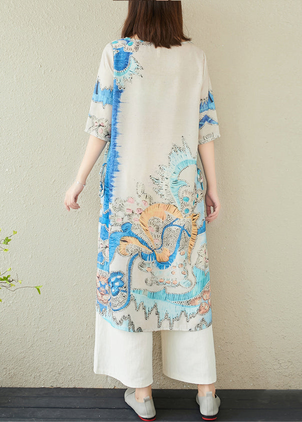 Dresses Blue Linen Summer Elegant Oversized Print