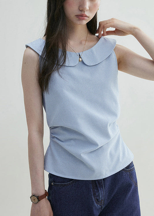 Plaid Collar Pan Shirt Cotton Sleeveless Peter Elegant Blue