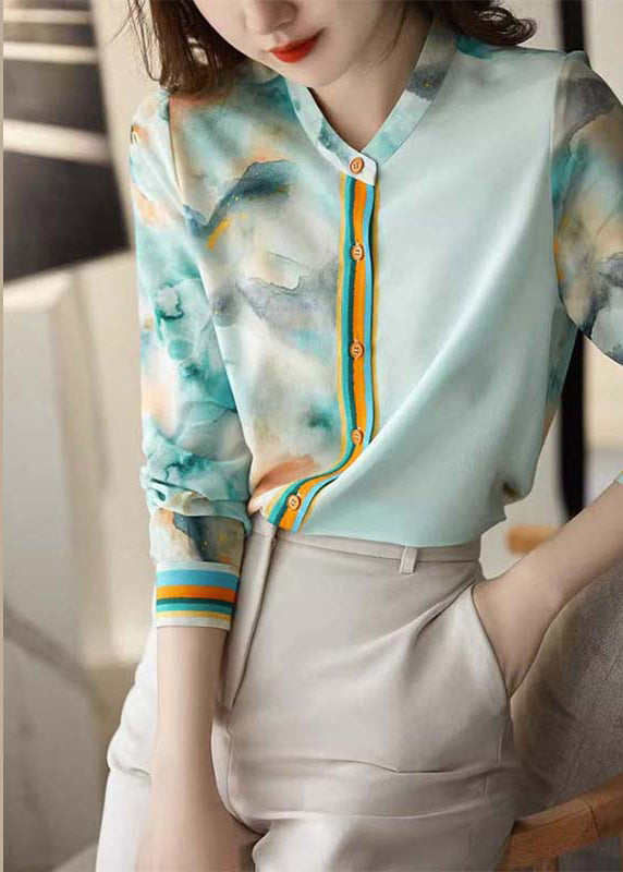 Elegant Blue Print Button Silk Blouses Spring Ada Fashion