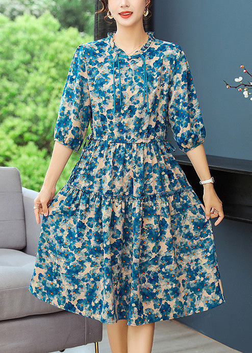 Blue Print Dresses Tunic Ruffled Summer Elegant