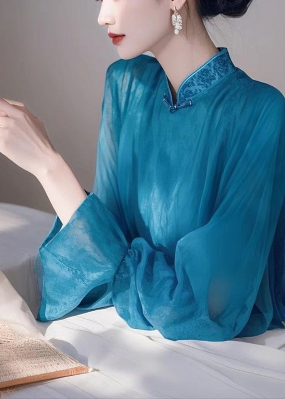 Spring Elegant Collar Blue Shirts Chiffon Stand