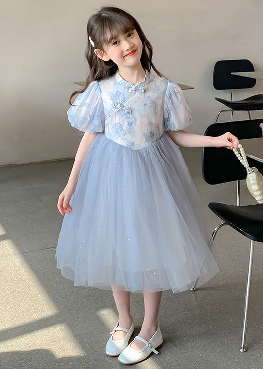 Elegant Blue Stand Collar Print Tulle Patchwork Girls Dress Summer TT038