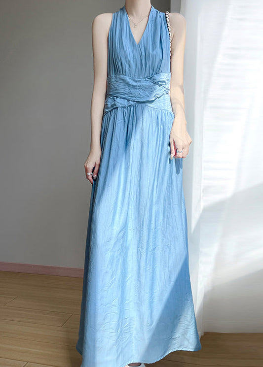 Cotton Blue Dress Elegant Neck Sleeveless High Long Waist V