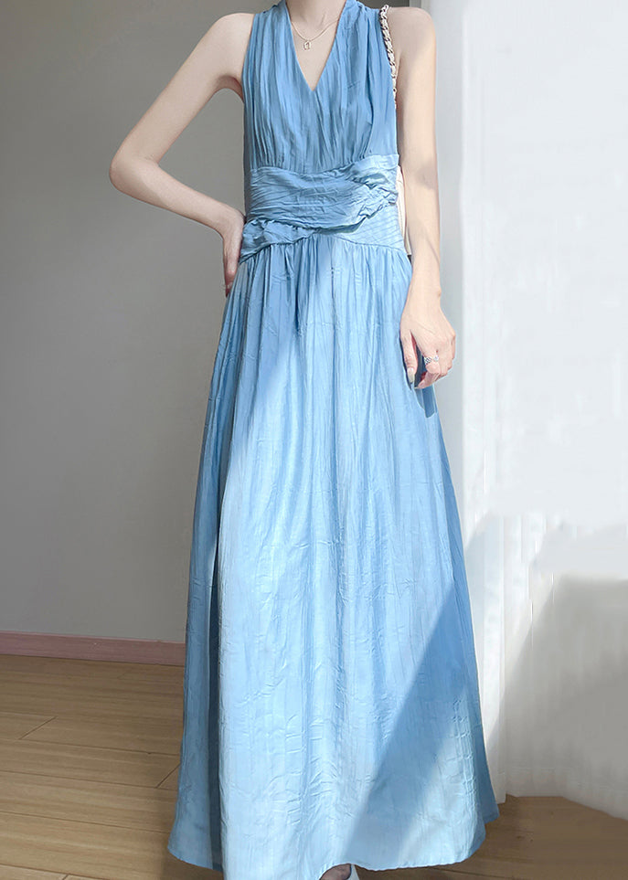 Cotton Blue Dress Elegant Neck Sleeveless High Long Waist V