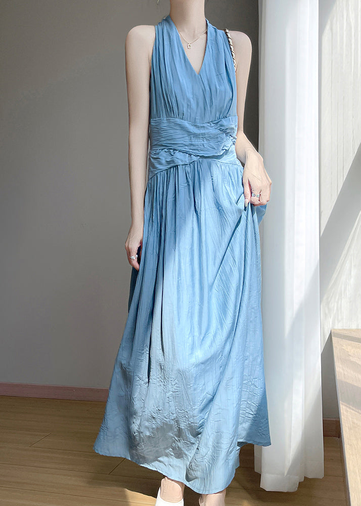 Cotton Blue Dress Elegant Neck Sleeveless High Long Waist V