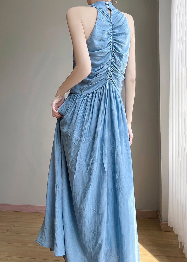 Cotton Blue Dress Elegant Neck Sleeveless High Long Waist V