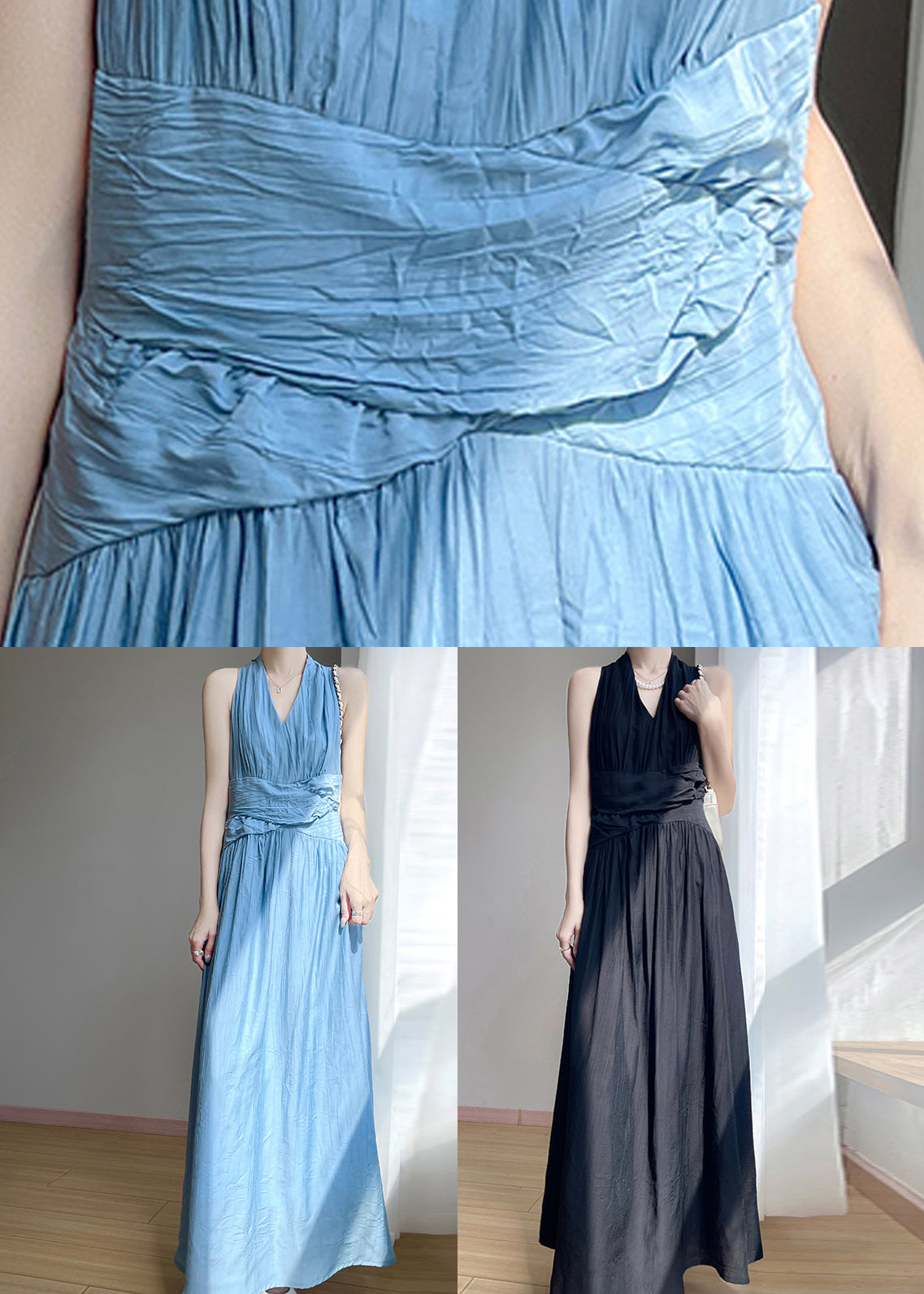 Cotton Blue Dress Elegant Neck Sleeveless High Long Waist V