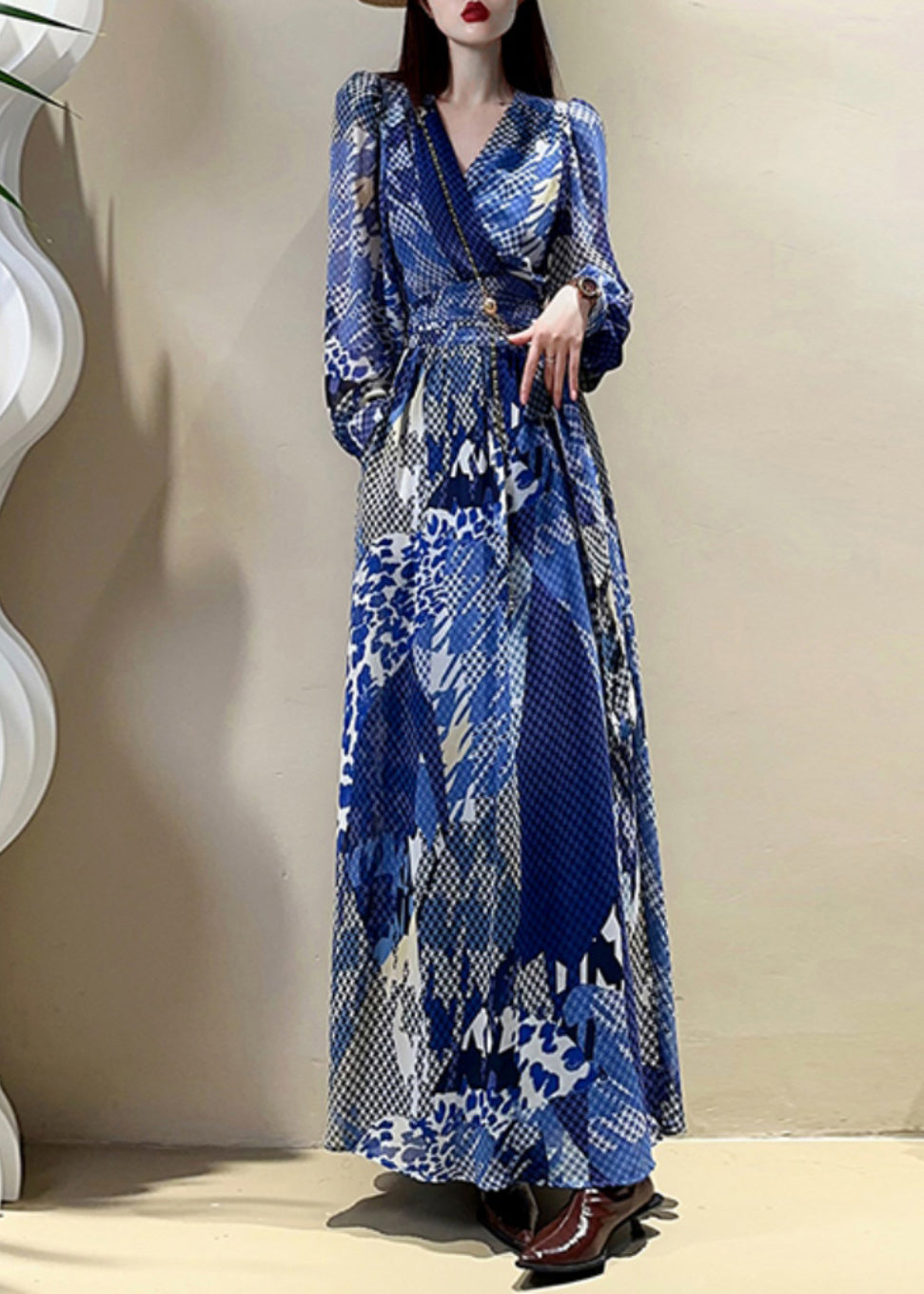 Lantern Blue Maxi Sleeve Drawstring Neck V Dress Elegant Print
