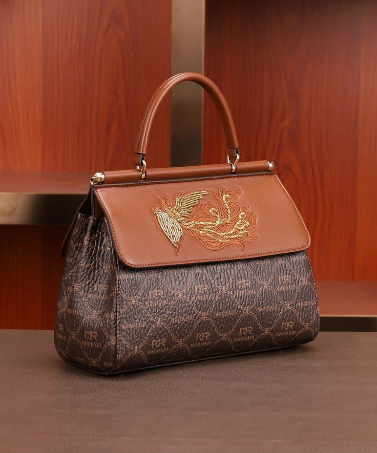 Tote Calf Handbag Brown Embroideried Leather Elegant