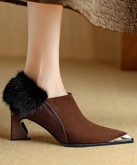 Elegant Brown High Heels Chunky Suede Splicing Fuzzy Fur