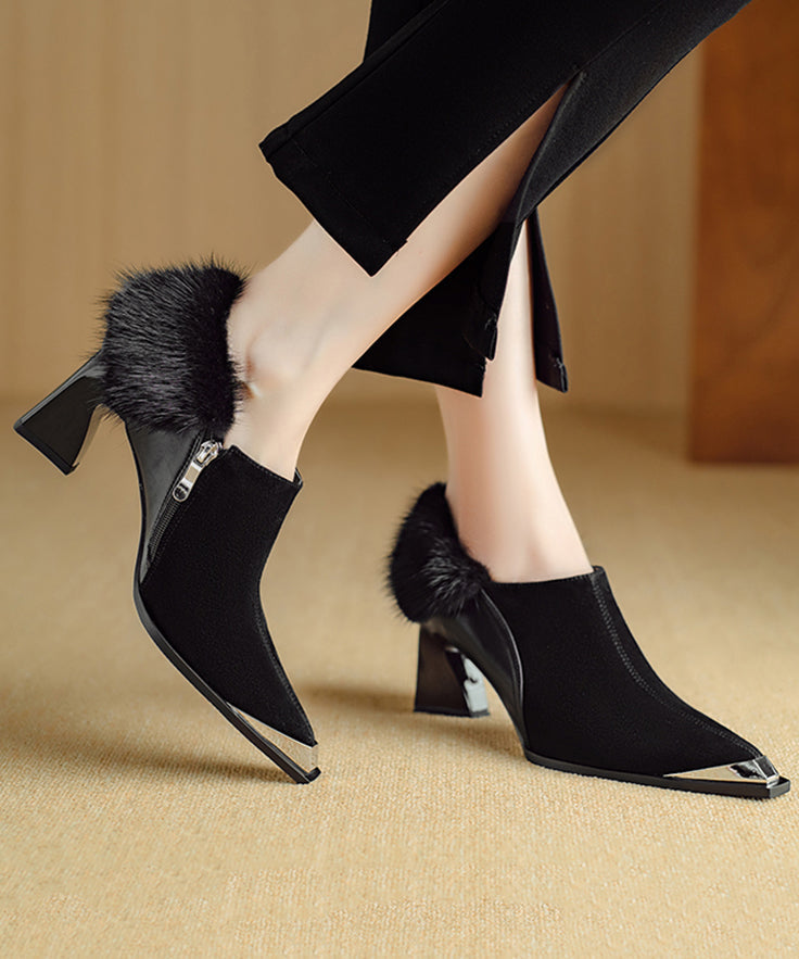 Elegant Brown High Heels Chunky Suede Splicing Fuzzy Fur RS009