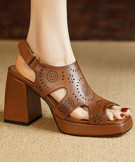 Elegant Brown Peep Toe Hollow Out Cowhide Leather Platform Chunky Sandals RT1073