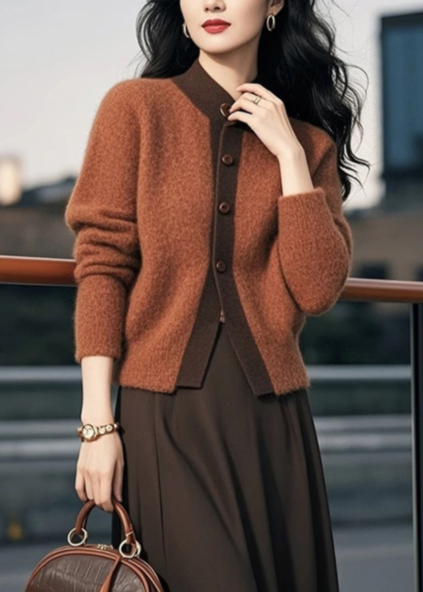 Elegant Brown Stand Collar Button Patchwork Knit Cardigans Spring TO003