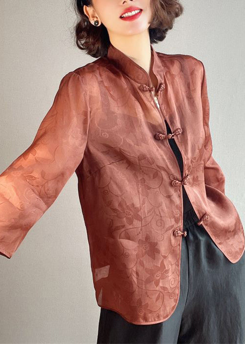 Elegant Brown Stand Collar Button Print Silk Blouses Summer Ada Fashion