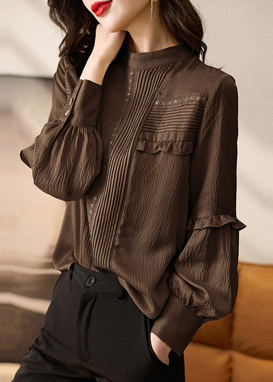 Spring Patchwork Tops Silk Ruffled Elegant Shirt Chocolate
