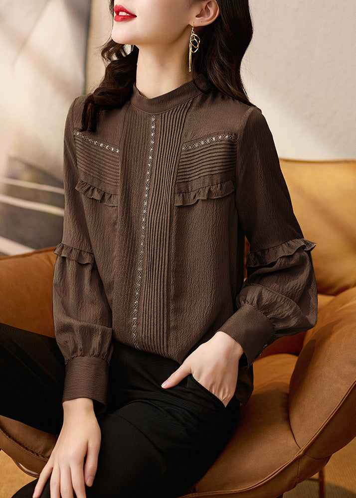Spring Patchwork Tops Silk Ruffled Elegant Shirt Chocolate