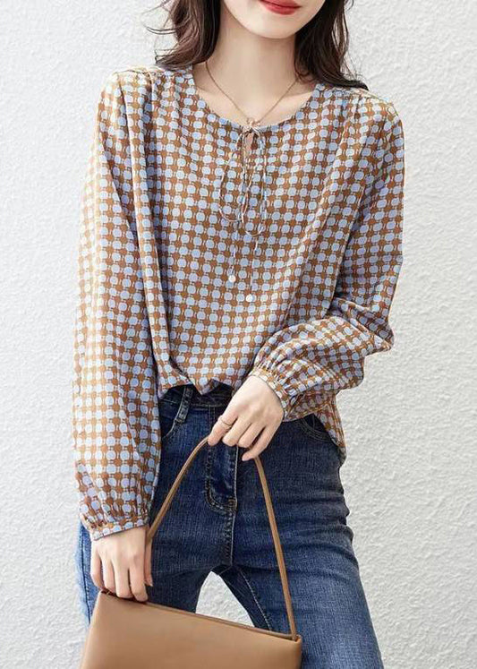 Elegant Coffee Print Lace Up Cotton Blouses Long Sleeve SS013