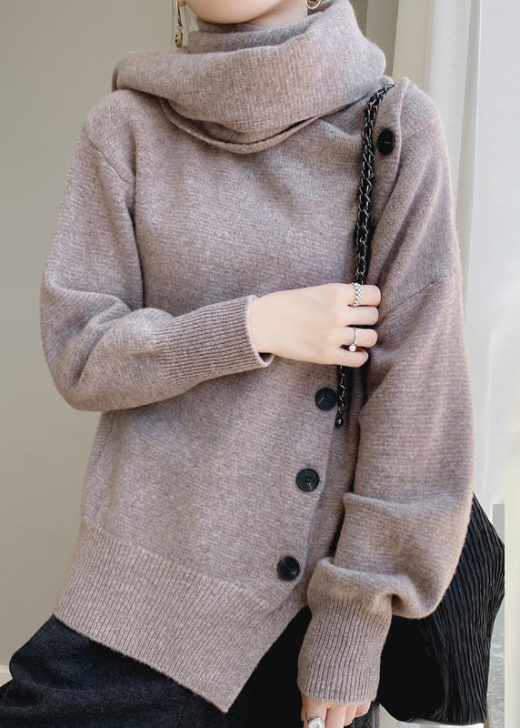 Elegant Coffee Scarf Collar Button Patchwork Wool Sweaters Spring YY032