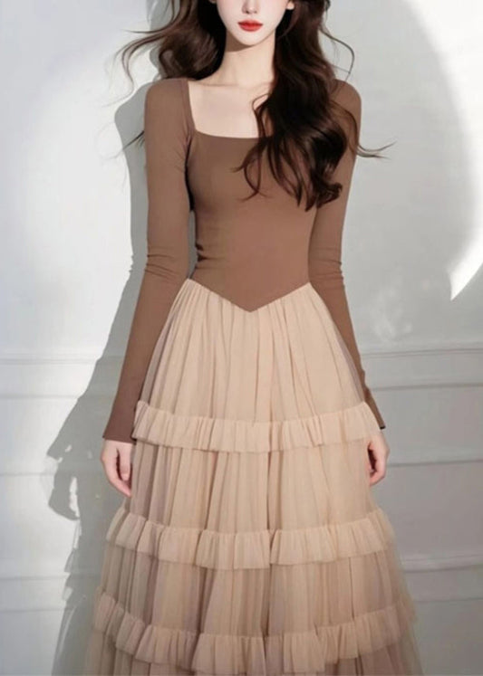 Collar Patchwork Coffee Dress Square Tulle Long Elegant Cake