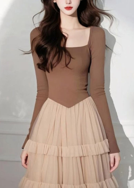 Collar Patchwork Coffee Dress Square Tulle Long Elegant Cake