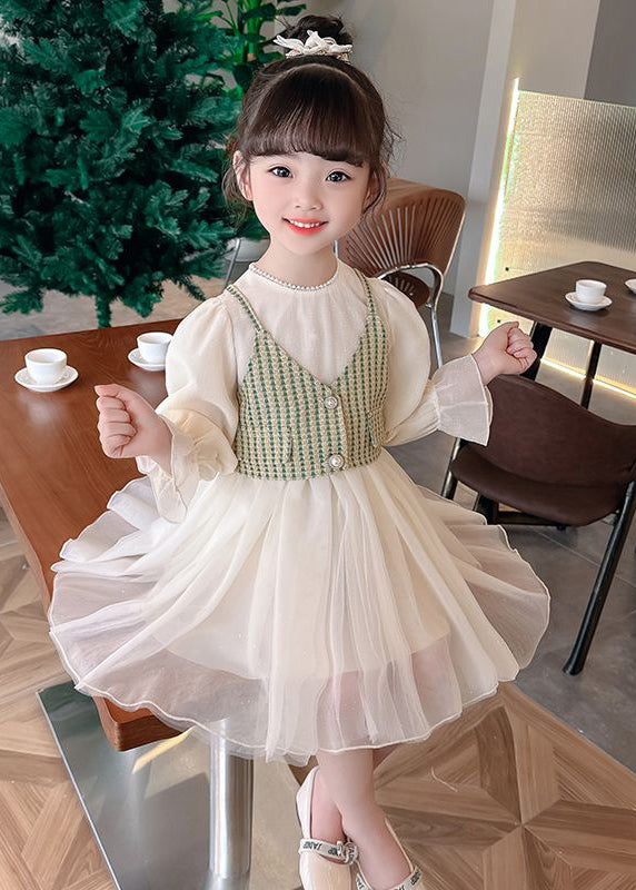 Ensemble élégant gilet et robe en tulle vert pour enfants, deux pièces, automne XZ075