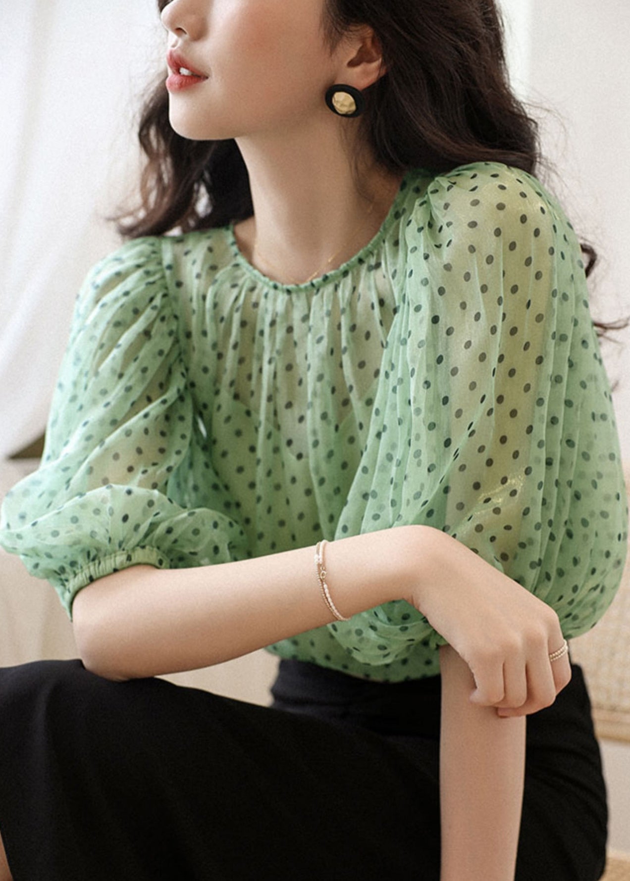 Elegant Green O Neck Print Chiffon Two Pieces Set Half Sleeve OP1025