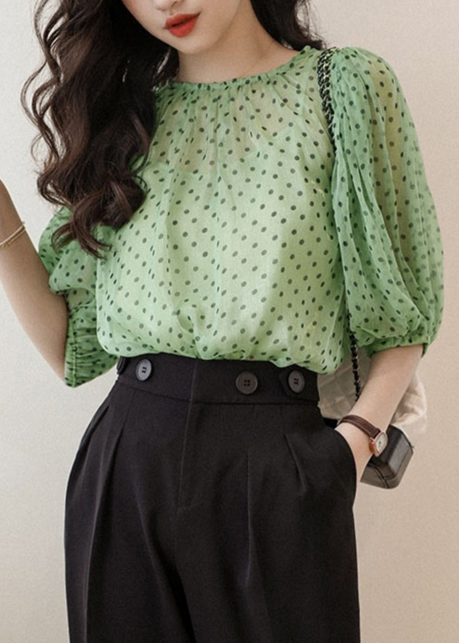 Elegant Green O Neck Print Chiffon Two Pieces Set Half Sleeve OP1025