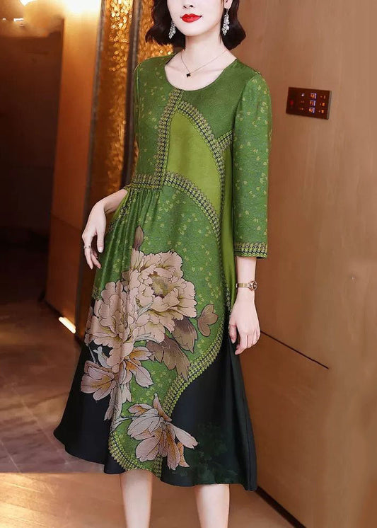 Elegant Green O Neck Print Patchwork Silk Long Dresses Spring OP1080